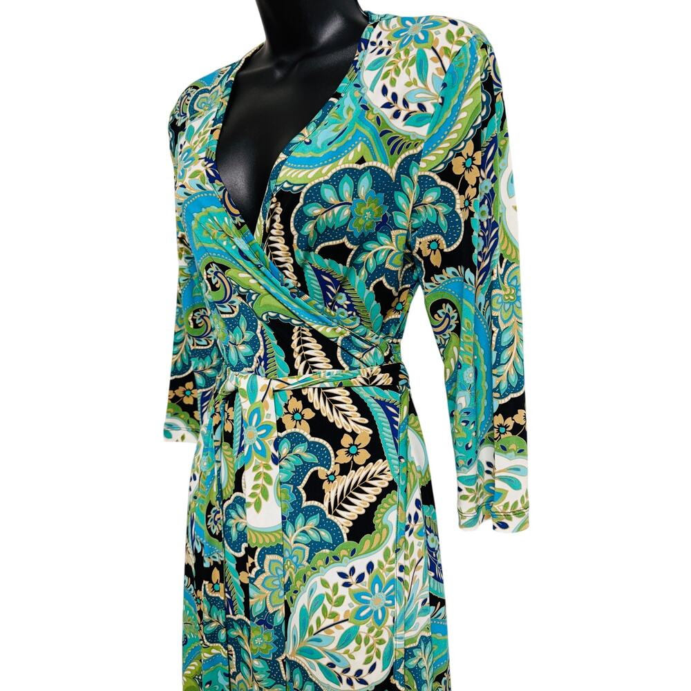 Banana Republic Women Warp Dress Size Small S Blue Green Floral 3/4 Stretch EUC - Picture 2 of 8